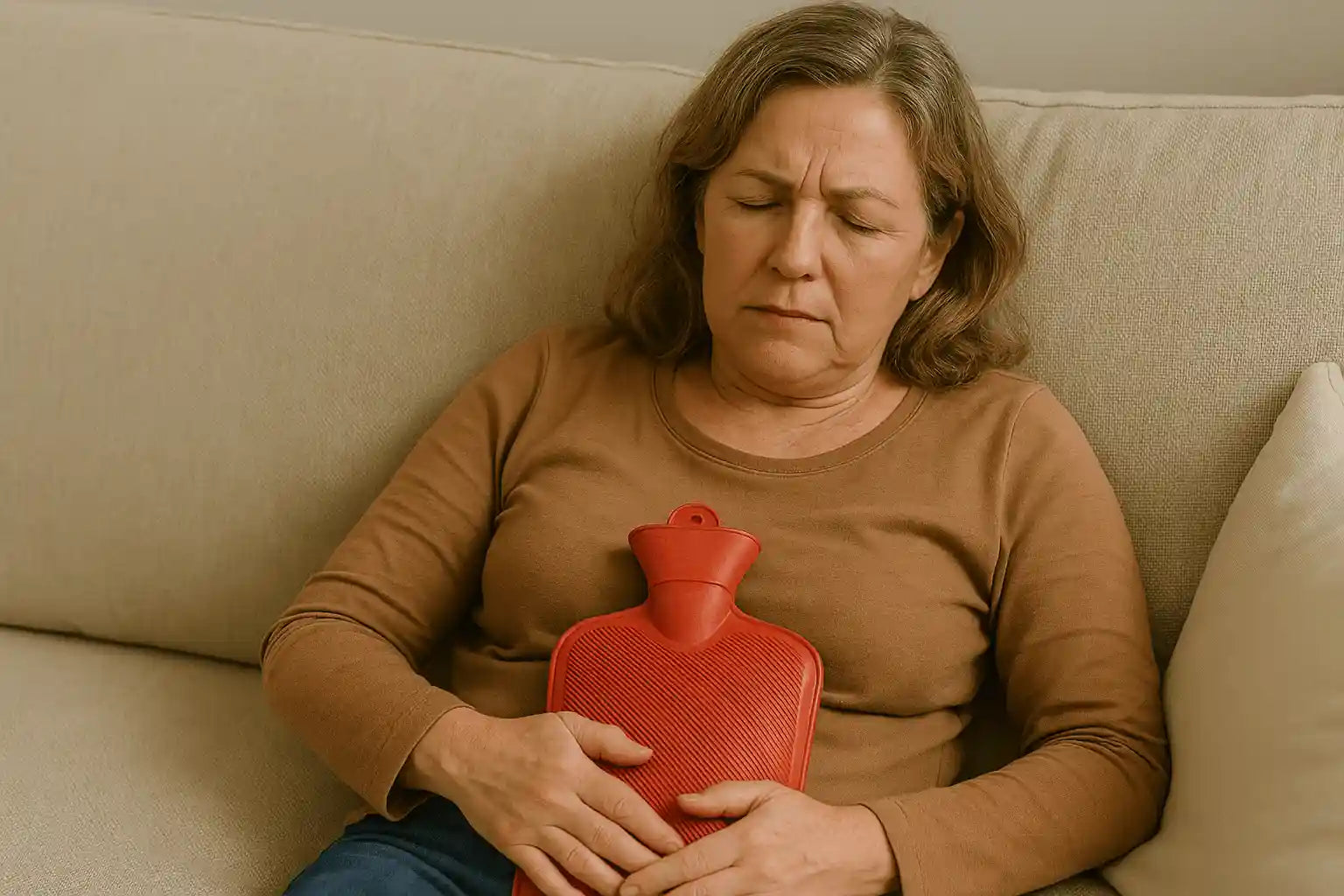 Frau liegt auf dem Sofa mit einer Waermflasche