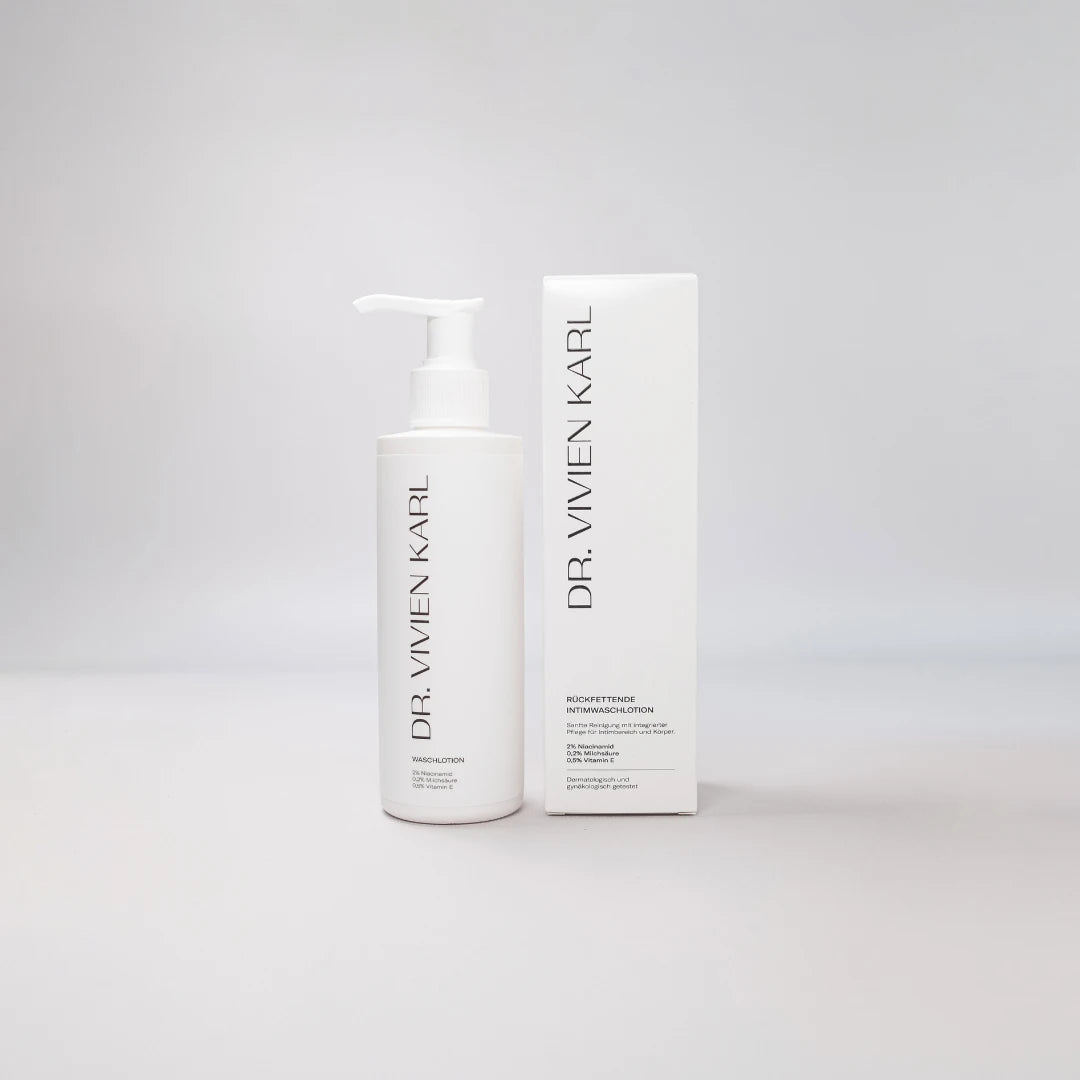 Rückfettende Intimwaschlotion von Dr. Vivien Karl – Flasche mit Verpackung