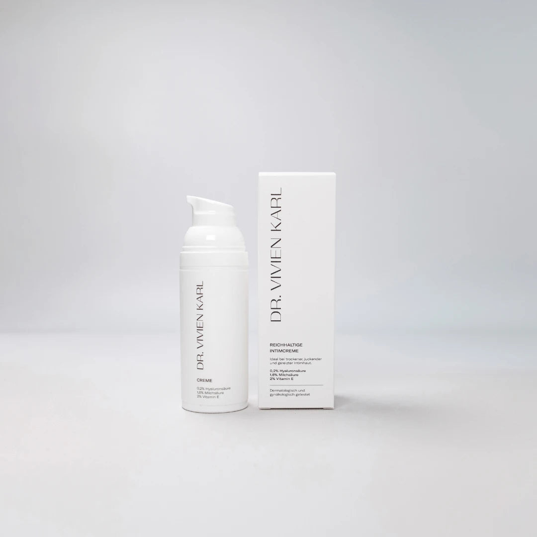 DR. VIVIEN KARL Intimcreme – Pumpspender und Verpackung vor hellem Hintergrund